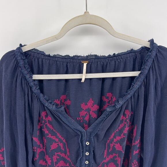 Free People Persuasian cross-stitch V neck blouson sleeve boho peasant blouse - Picture 2 of 7